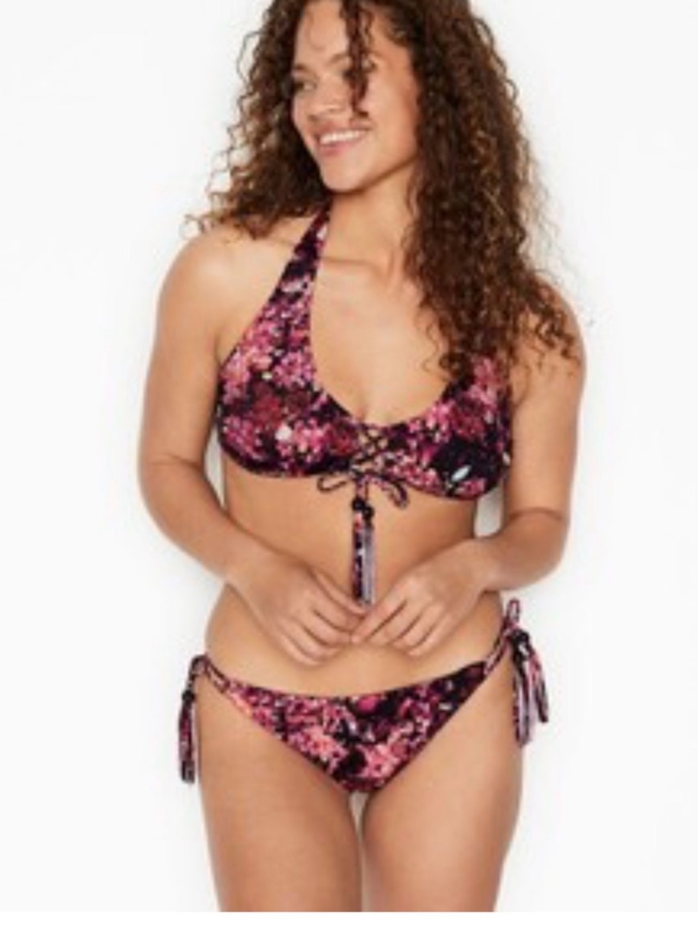 Victoria’s Secret pink floral cheeky bikini set with tassels - XS